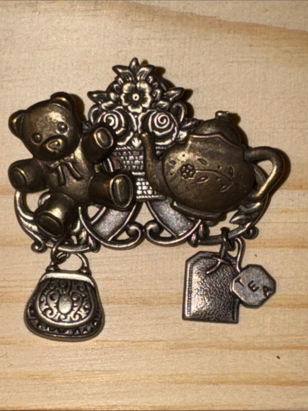 Bronze-Tone Teddy Bear & Teapot Charm Brooch - Home Accents Pin